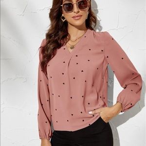 Heart Print Sleeve Blouse - Size 8/10 - Pink w/Black Hearts